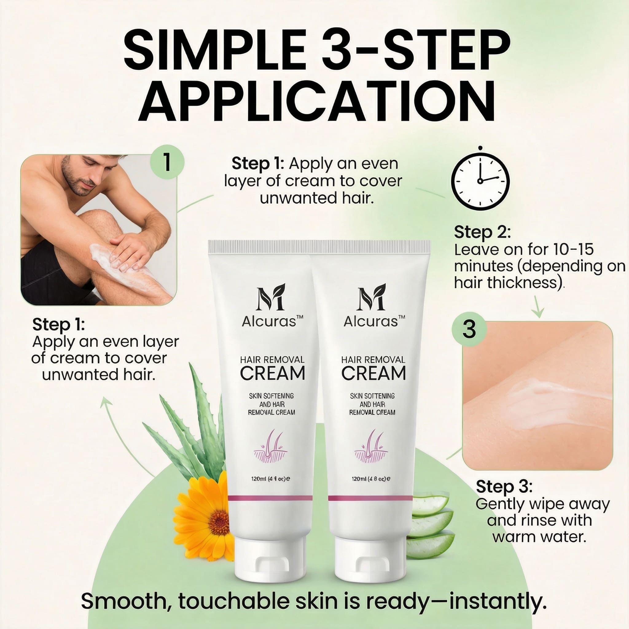 Alcuras™ Purely Natural Pain-Free Hair Removal Cream|Hair-Free Skin in Just 10 Minutes — No Razor Needed