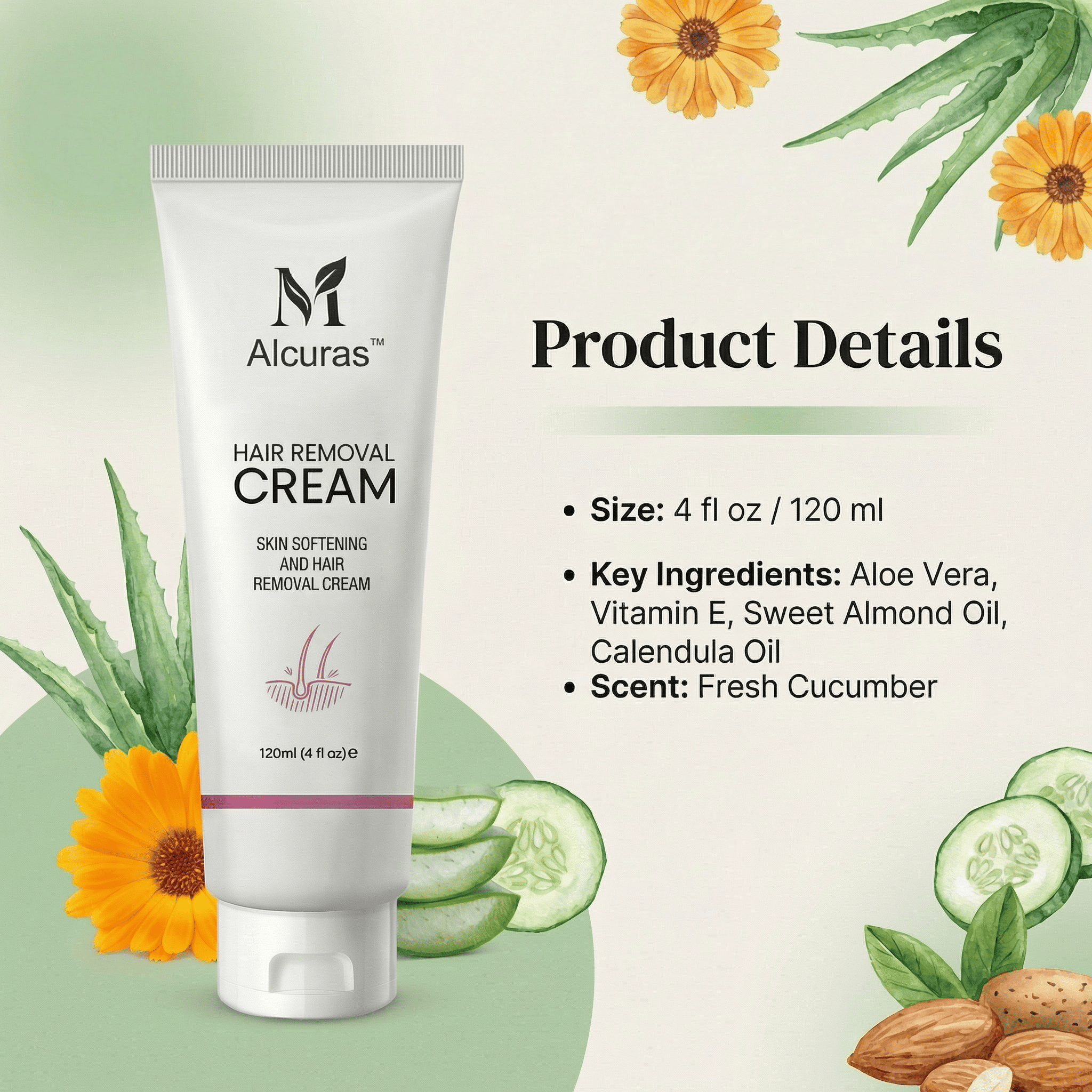 Alcuras™Purely Natural Pain-Free Hair Removal Cream|Hair-Free Skin in Just 10 Minutes — No Razor Needed