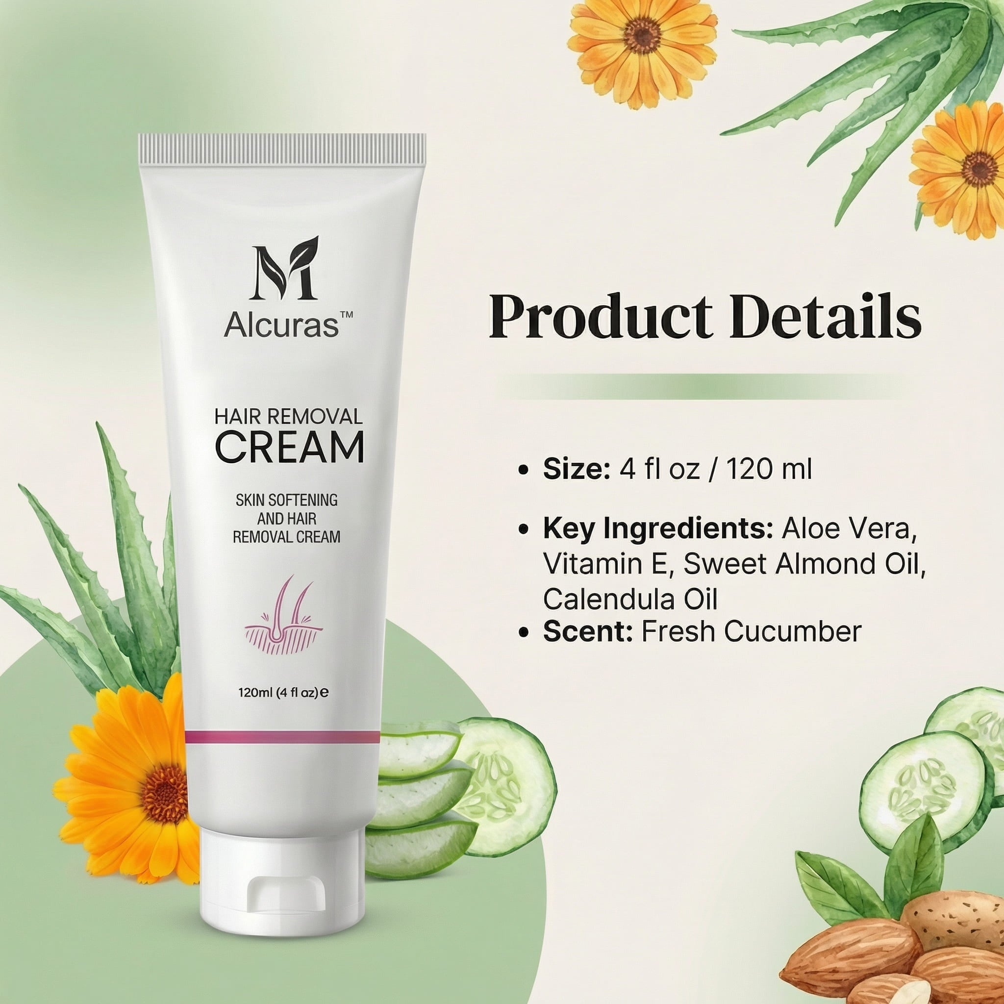 Alcuras™ Purely Natural Pain-Free Hair Removal Cream|Hair-Free Skin in Just 10 Minutes — No Razor Needed