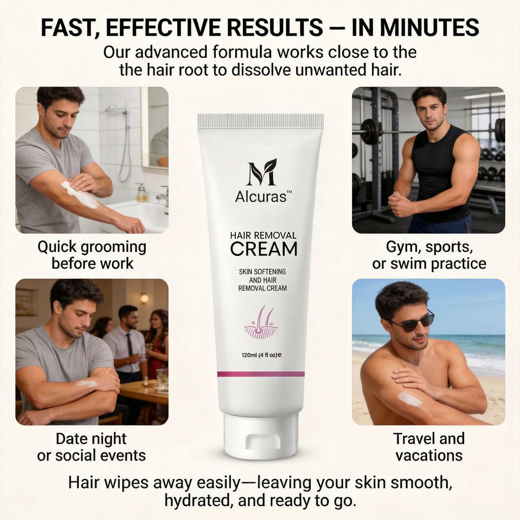 Alcuras™ Purely Natural Pain-Free Hair Removal Cream|Hair-Free Skin in Just 10 Minutes — No Razor Needed