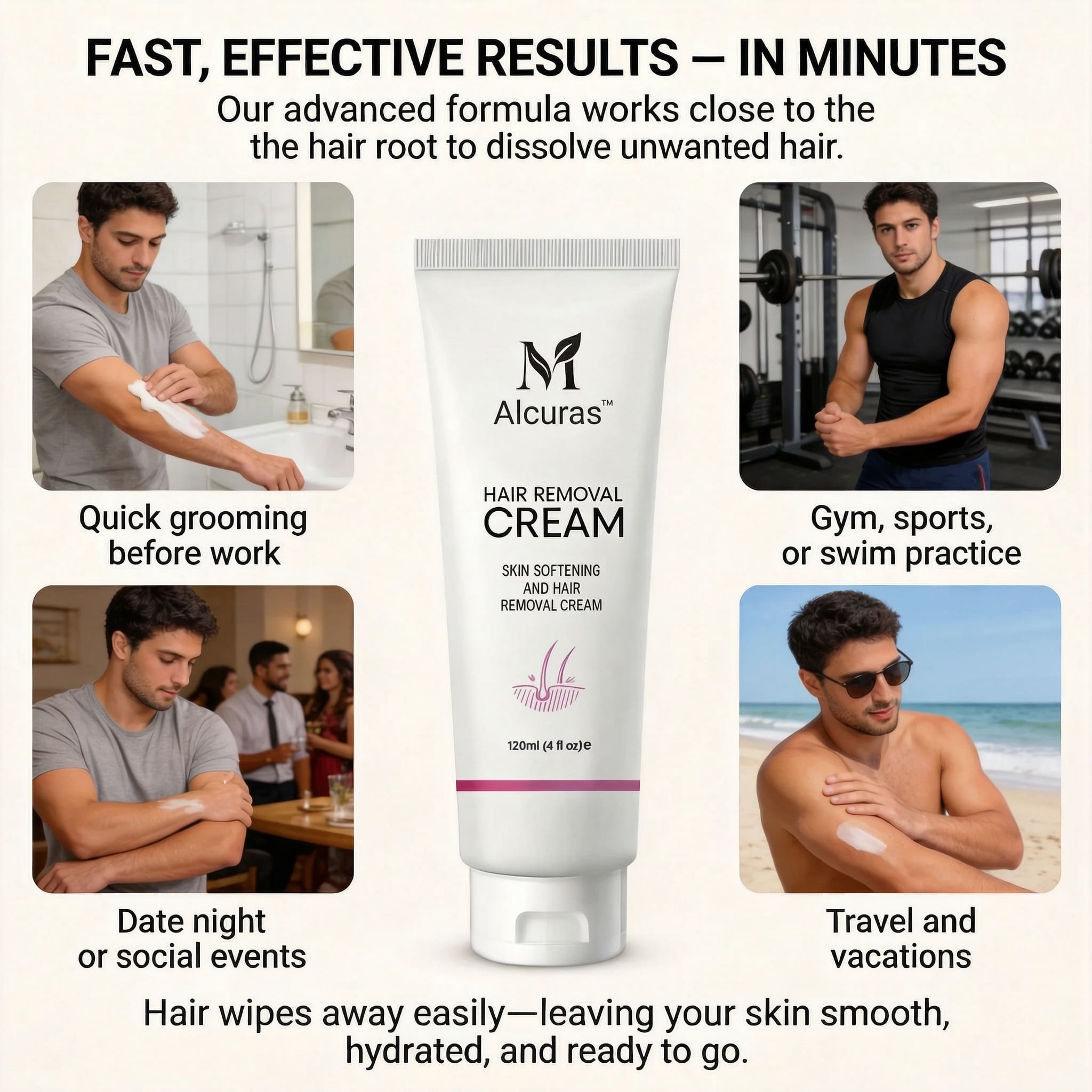 Alcuras™ Purely Natural Pain-Free Hair Removal Cream|Hair-Free Skin in Just 10 Minutes — No Razor Needed