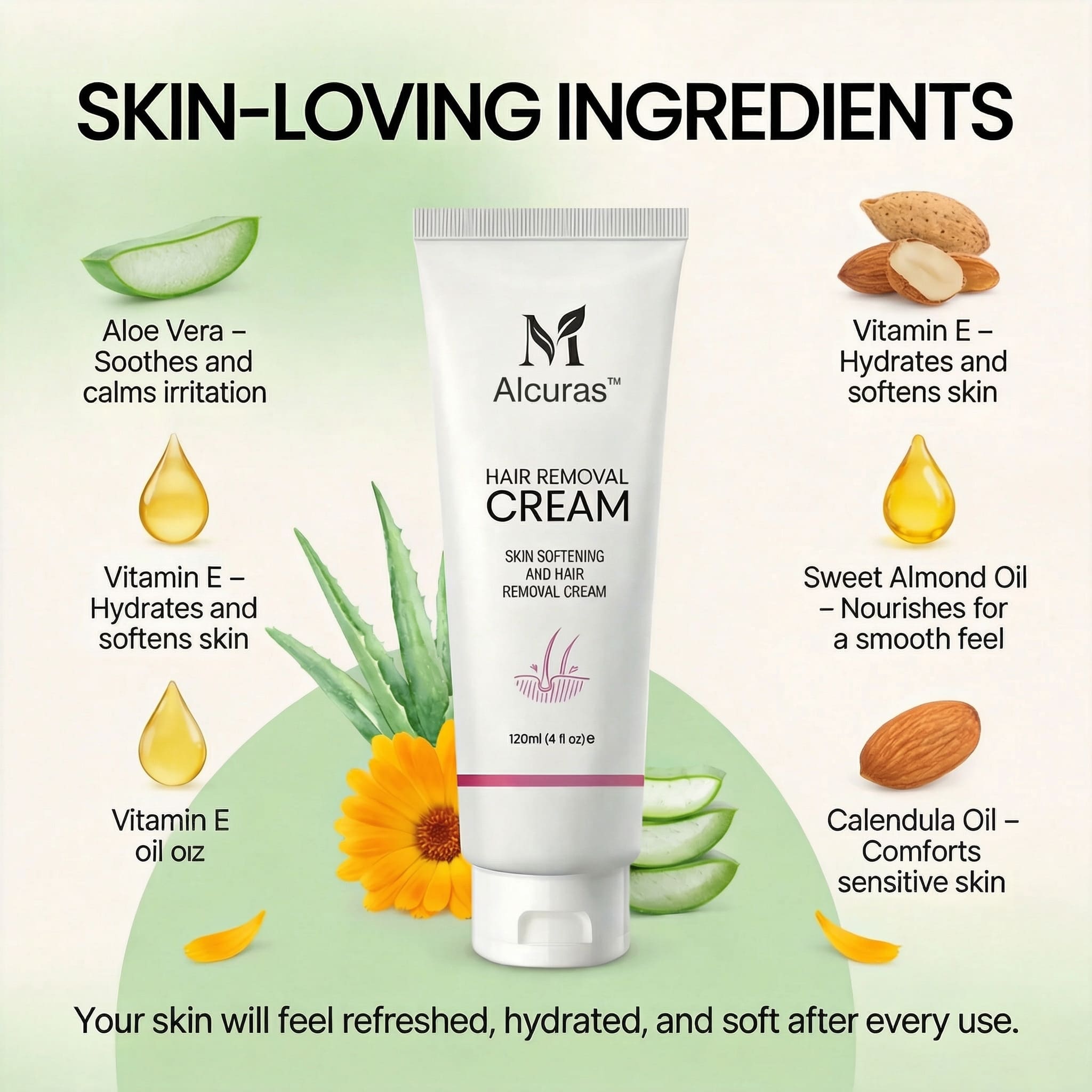 Alcuras™ Purely Natural Pain-Free Hair Removal Cream|Hair-Free Skin in Just 10 Minutes — No Razor Needed